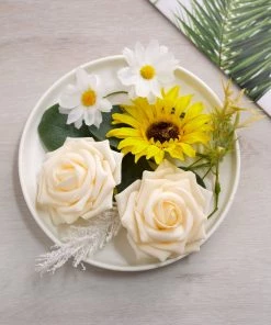 HIER_5120 Chargers & Centerpieces 40 Pcs | Artificial Rose, Silk Sunflower & Stems Mix Flower Box - Cream/White
