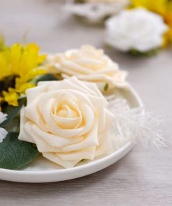 HIER_5120 Chargers & Centerpieces 40 Pcs | Artificial Rose, Silk Sunflower & Stems Mix Flower Box - Cream/White