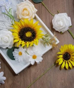 HIER_5120 Chargers & Centerpieces 40 Pcs | Artificial Rose, Silk Sunflower & Stems Mix Flower Box - Cream/White