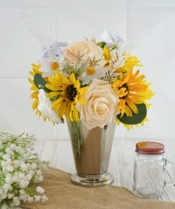 HIER_5120 Chargers & Centerpieces 40 Pcs | Artificial Rose, Silk Sunflower & Stems Mix Flower Box - Cream/White