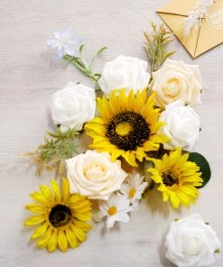HIER_5120 Chargers & Centerpieces 40 Pcs | Artificial Rose, Silk Sunflower & Stems Mix Flower Box - Cream/White