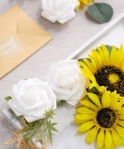 HIER_5120 Chargers & Centerpieces 40 Pcs | Artificial Rose, Silk Sunflower & Stems Mix Flower Box - Cream/White