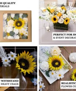 HIER_5120 Chargers & Centerpieces 40 Pcs | Artificial Rose, Silk Sunflower & Stems Mix Flower Box - Cream/White