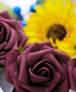 HIER_5120 Chargers & Centerpieces 34 Pcs | Artificial Rose, Silk Sunflower & Blueberry Stems Mix Flower Box - Burgundy/Pink