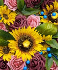 HIER_5120 Chargers & Centerpieces 34 Pcs | Artificial Rose, Silk Sunflower & Blueberry Stems Mix Flower Box - Burgundy/Pink