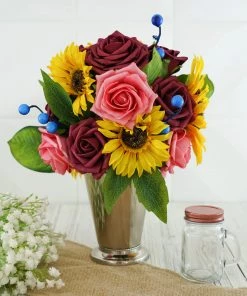 HIER_5120 Chargers & Centerpieces 34 Pcs | Artificial Rose, Silk Sunflower & Blueberry Stems Mix Flower Box - Burgundy/Pink