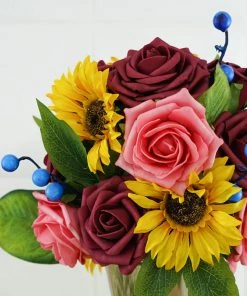 HIER_5120 Chargers & Centerpieces 34 Pcs | Artificial Rose, Silk Sunflower & Blueberry Stems Mix Flower Box - Burgundy/Pink