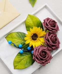 HIER_5120 Chargers & Centerpieces 34 Pcs | Artificial Rose, Silk Sunflower & Blueberry Stems Mix Flower Box - Burgundy/Pink