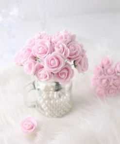 HIER_5120 48 Roses | 1" Pink Real Touch Artificial DIY Foam Rose Flowers With Stem, Craft Rose Buds