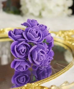 HIER_5120 Mini Craft Florals 48 Roses | 1" Purple Real Touch Artificial DIY Foam Rose Flowers With Stem, Craft Rose Buds