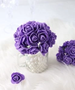 HIER_5120 Mini Craft Florals 48 Roses | 1" Purple Real Touch Artificial DIY Foam Rose Flowers With Stem, Craft Rose Buds