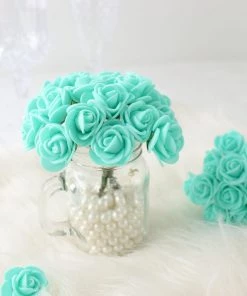 HIER_5120 Mini Craft Florals 48 Roses | 1" Turquoise Real Touch Artificial DIY Foam Rose Flowers With Stem, Craft Rose Buds