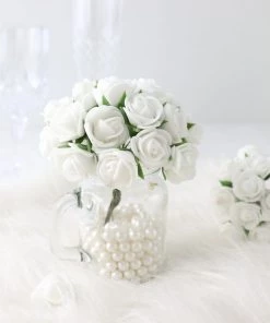 HIER_5120 Mini Craft Florals 48 Roses | 1" White Real Touch Artificial DIY Foam Rose Flowers With Stem, Craft Rose Buds