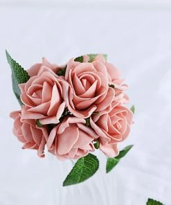 HIER_5120 24 Roses | 2" Dusty Rose Artificial Foam Flowers With Flexible Stem & Leaves Artificial Roses