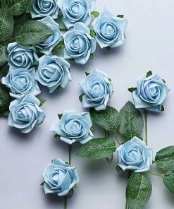 HIER_5120 24 Roses | 2" Dusty Blue Artificial Foam Flowers With Flexible Stem & Leaves Artificial Roses