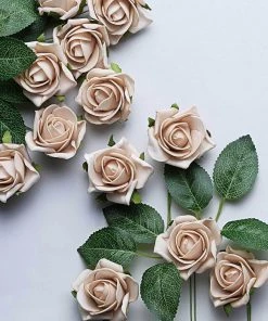 HIER_5120 Artificial Roses 24 Roses | 2" Champagne Artificial Foam Flowers With Flexible Stem & Leaves
