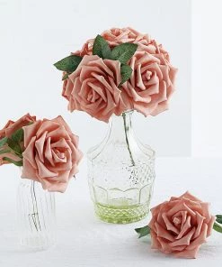 HIER_5120 24 Roses | 5" Dusty Rose Artificial Foam Flowers With Flexible Stem & Leaves Artificial Roses