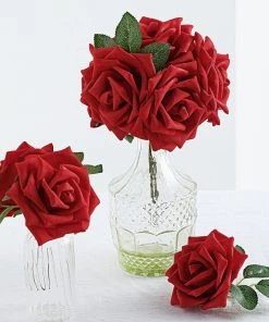 HIER_5120 Artificial Roses 24 Roses | 5" Red Artificial Foam Flowers With Flexible Stem & Leaves