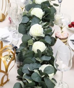 HIER_1220 42" | Green Artificial Eucalyptus Leaf, Ranunculus Flower Garland Vine Chargers & Centerpieces