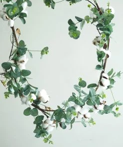 HIER_1220 5ft | Green Artificial Eucalyptus Leaf, White Cotton Ball Garland Vine