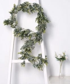 HIER_1220 6ft Lifelike Frosted Green Artificial Eucalyptus Leaf Garland Plant, Waterproof Faux Hanging Vine Theme Décor
