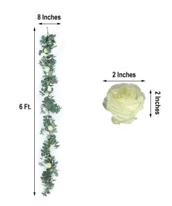 HIER_1210 Garlands | Vines 6ft | Green/Ivory Artificial Eucalyptus Leaf, Rose Flower Garland Vine