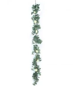 HIER_1210 Garlands | Vines 6ft | Green/Ivory Artificial Eucalyptus Leaf, Rose Flower Garland Vine