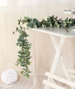 HIER_1210 Garlands | Vines 6ft | Green/Ivory Artificial Eucalyptus Leaf, Rose Flower Garland Vine