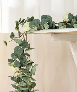 HIER_1210 Garlands | Vines 6ft | Green/Ivory Artificial Eucalyptus Leaf, Rose Flower Garland Vine