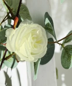 HIER_1210 Garlands | Vines 6ft | Green/Ivory Artificial Eucalyptus Leaf, Rose Flower Garland Vine