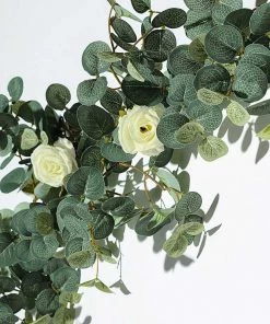 HIER_1210 Garlands | Vines 6ft | Green/Ivory Artificial Eucalyptus Leaf, Rose Flower Garland Vine