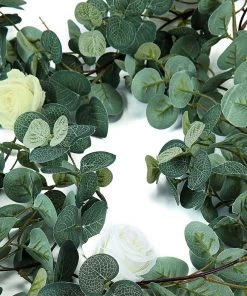 HIER_1210 Garlands | Vines 6ft | Green/Ivory Artificial Eucalyptus Leaf, Rose Flower Garland Vine
