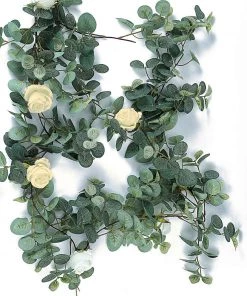 HIER_1210 Garlands | Vines 6ft | Green/Ivory Artificial Eucalyptus Leaf, Rose Flower Garland Vine