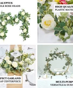 HIER_1210 Garlands | Vines 6ft | Green/Ivory Artificial Eucalyptus Leaf, Rose Flower Garland Vine