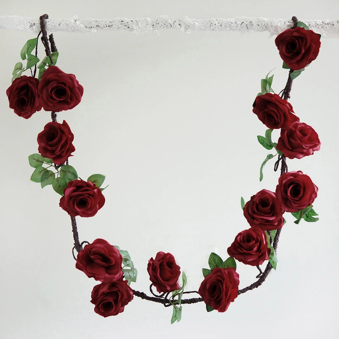 HIER_1210 Artificial Flower & Plants 6ft | Burgundy Artificial Silk Rose Hanging Flower Garland, Faux Vine 1 HIER_1210 Artificial Flower & Plants 6ft | Burgundy Artificial Silk Rose Hanging Flower Garland, Faux Vine