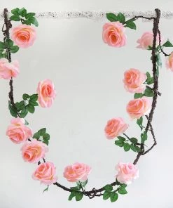 HIER_1210 Artificial Flower & Plants 6ft | Pink Artificial Silk Rose Hanging Flower Garland, Faux Vine