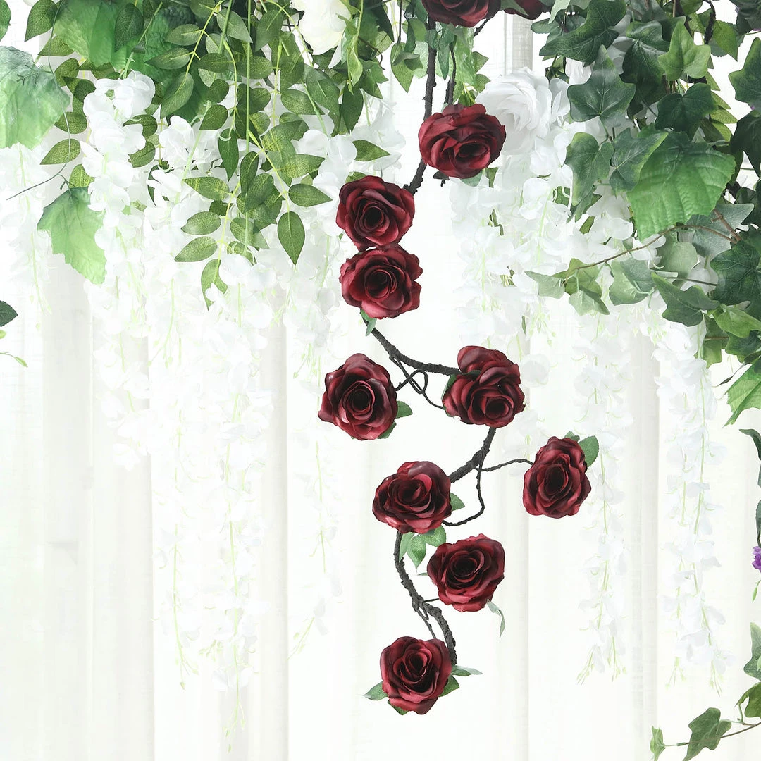 HIER_1210 Artificial Flower & Plants 6ft | Burgundy Artificial Silk Rose Hanging Flower Garland, Faux Vine 14 HIER_1210 Artificial Flower & Plants 6ft | Burgundy Artificial Silk Rose Hanging Flower Garland, Faux Vine