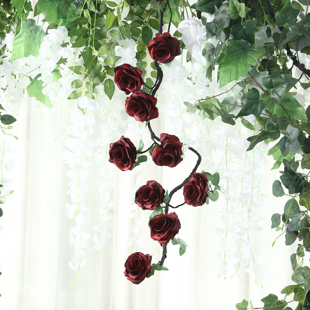 HIER_1210 Artificial Flower & Plants 6ft | Burgundy Artificial Silk Rose Hanging Flower Garland, Faux Vine 12 HIER_1210 Artificial Flower & Plants 6ft | Burgundy Artificial Silk Rose Hanging Flower Garland, Faux Vine