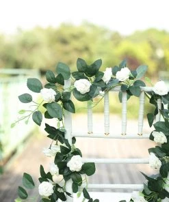 HIER_1210 6ft | 20 Cream Artificial Silk Roses Flower Garland, Hanging Vine