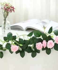 HIER_1210 6ft | 20 Pink Artificial Silk Roses Flower Garland, Hanging Vine