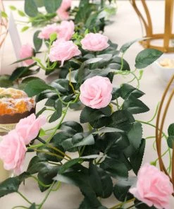 HIER_1210 6ft | 20 Pink Artificial Silk Roses Flower Garland, Hanging Vine