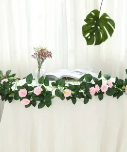 HIER_1210 6ft | 20 Pink Artificial Silk Roses Flower Garland, Hanging Vine