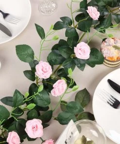 HIER_1210 6ft | 20 Pink Artificial Silk Roses Flower Garland, Hanging Vine