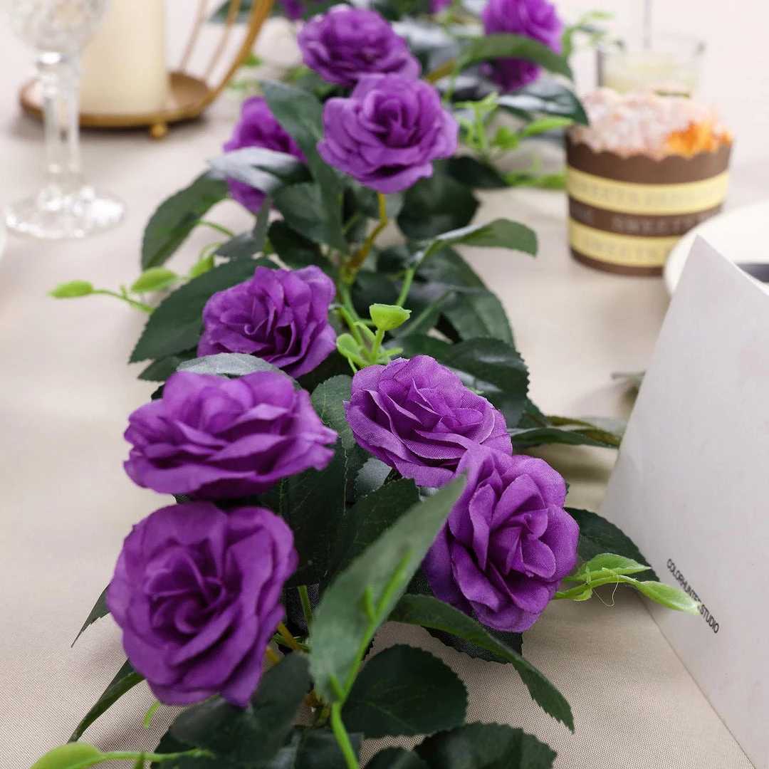 HIER_1210 Artificial Flower & Plants 6ft | 20 Purple Artificial Silk Roses Flower Garland, Hanging Vine 11 HIER_1210 Artificial Flower & Plants 6ft | 20 Purple Artificial Silk Roses Flower Garland, Hanging Vine