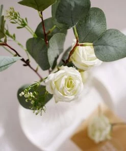 HIER_1220 15" Ivory Artificial Silk Rose & Eucalyptus Flower Bouquet Arrangement