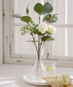 HIER_1220 15" Ivory Artificial Silk Rose & Eucalyptus Flower Bouquet Arrangement