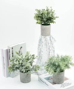 HIER_1220 3 Plant Set | 9" Mini Potted Artificial Eucalyptus, Rosemary & Boxwood Faux Planter Collection