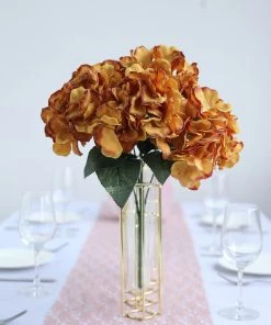 HIER_1120 Artificial Flower & Plants 5 Bushes | Gold Artificial Silk Hydrangea Flowers, Faux Bouquets