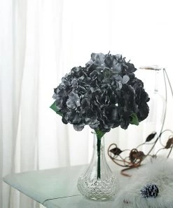 HIER_1120 5 Bushes | Charcoal Gray Artificial Silk Hydrangea Flower Faux Bouquet Artificial Hydrangeas Arrangements
