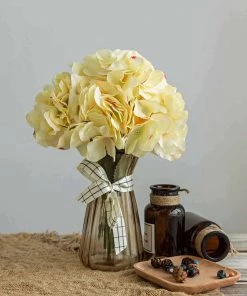 HIER_1120 Artificial Flower & Plants 5 Bushes | Yellow Artificial Silk Hydrangea Flowers, Faux Bouquets